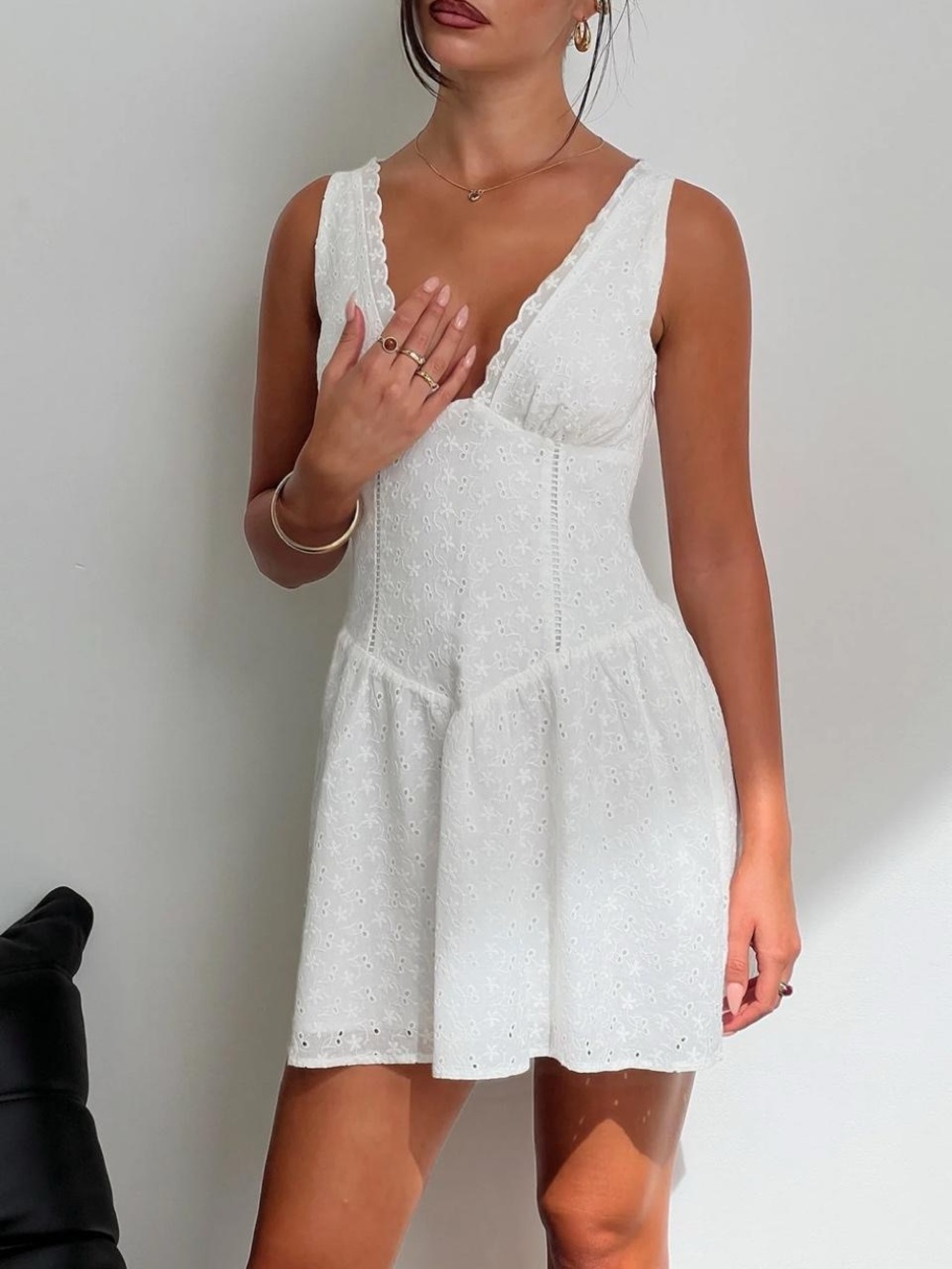 Princess Polly White Eyelet V-Neck Mini Dress
